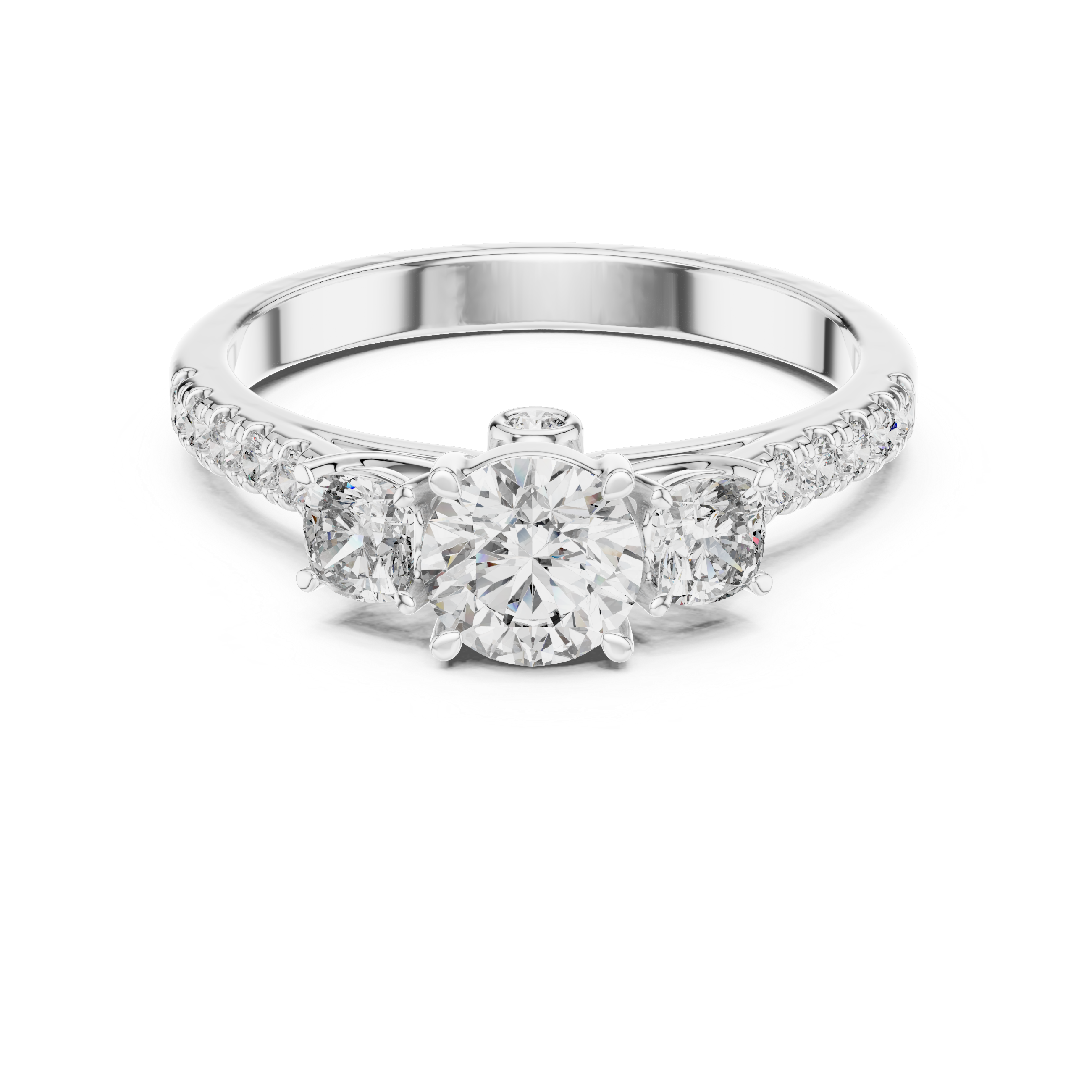 Diamond ring with a white gold band on a white background